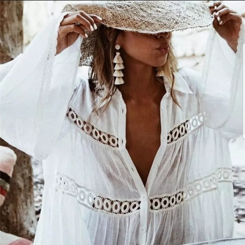 White Cotton Beach Tunic Dress Shirt - Picture 3 of 8